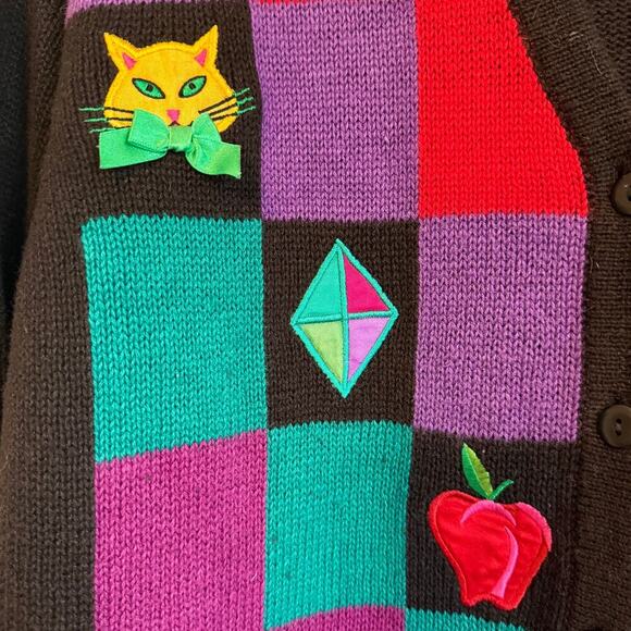 Womens Cardigan Sweater Size Large Bob Mackie Cat Heart Checkered Embroidered - Picture 6 of 6